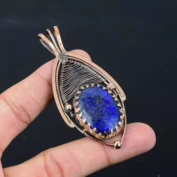 Щедрый лазуритовый драгоценный камень Чистая медная проволока Обернутая ювелирная подвеска ручной работы 3.23 Inches синий