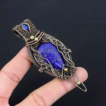 Щедрый лазуритовый драгоценный камень Чистая медная проволока Обернутая ювелирная подвеска ручной работы 3.74 Inches синий