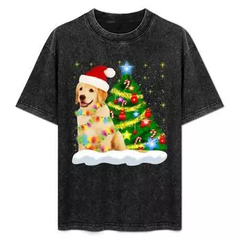 Щенок золотистого ретривера Рождественская гирлянда Праздники Подарок для жены мамы или девушки Футболка Кастомные Топы рубашки Мужчины S