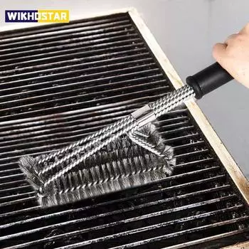 Щетка для барбекю из нержавеющей стали с проволочной щетиной, антипригарные щетки для чистки с ручкой, удаление пятен, аксессуары для барбекю