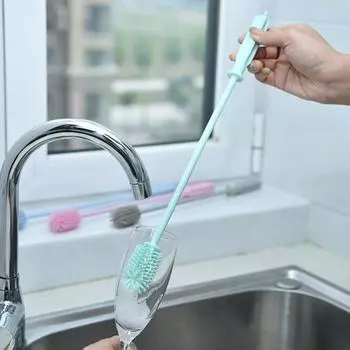 Щетка для бутылок с молоком. Многоцелевая длинная ручка. Вращающаяся на 360 градусов Мягкая плотная щетина. Чистящая силиконовая щетка для мытья бутылок с узким горлышком. S розовый