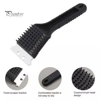 Щетка для чистки духовки барбекю с отверстием для подвешивания 2 в 1 Щетка-лопатка с нескользящей ручкой Бытовой инструмент для гриля чёрный