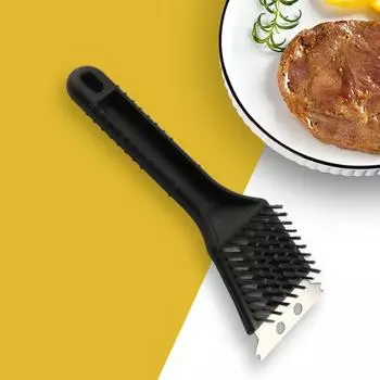 Щетка для чистки духовки барбекю с отверстием для подвешивания 2 в 1 Щетка-лопатка с нескользящей ручкой Бытовой инструмент для гриля чёрный
