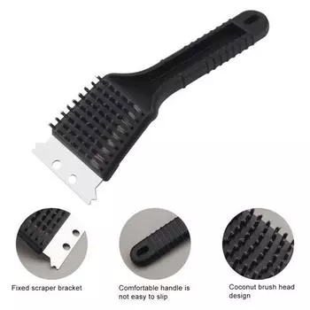 Щетка для чистки духовки Yousheng BBQ с отверстием для подвешивания, 2 в 1, щетка-лопатка, нескользящая ручка, бытовой инструмент для гриля чёрный