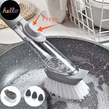 Щетка для чистки кухни 2 в 1 Щетка для чистки с длинной ручкой и съемной щеткой Диспенсер для губки Щетка для мытья посуды 01