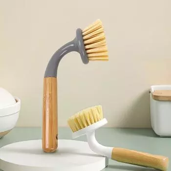 Щетка для чистки кухонной кастрюли с бамбуковой ручкой, длинная изогнутая ручка, пластиковая основа, щетка для мытья кастрюль, антипригарная щетка для чистки масла, чистящая кастрюля 1pc белый