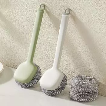 Щетка для чистки кухонных кастрюль с 3 съемными головками, очистка на 360 градусов, длинная ручка, проволока зелёный