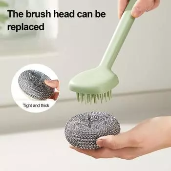 Щетка для чистки кухонных кастрюль с 3 съемными головками для очистки на 360 градусов зелёный