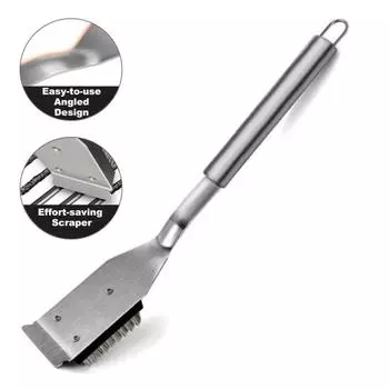 Щетка для гриля на открытом воздухе со скребком, длинной ручкой, нержавеющая, термостойкая, с жесткой щетиной, для барбекю