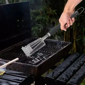 Щетка для гриля со скребком, очень густая щетина, регулируемая ручка, щетка для чистки гриля для барбекю на открытом воздухе, газового угольного гриля серебряный