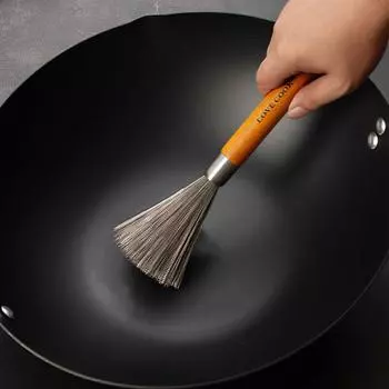 Щетка для кастрюль из нержавеющей стали с деревянной ручкой, антикоррозийная стальная проволочная щетка для чистки вока Pot Brush