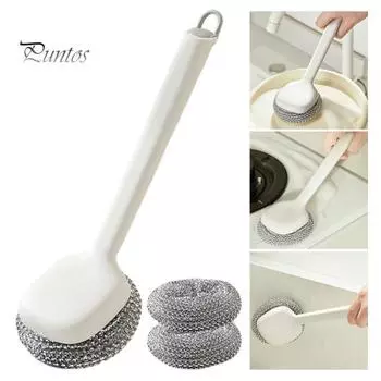 Щетка для мытья кастрюль с 3 съемными головками, 360-градусная очистка, длинная ручка, проволочная щетина, очиститель для посуды и сковородок зелёный