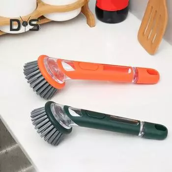 Щетка для мытья кастрюль с дозатором мыла, длинная ручка, отверстие для подвешивания, кухонная щетка, сковороды, кастрюли, раковина, щетка с добавлением жидкости темно-зеленого