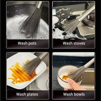 Щетка для мытья посуды из нержавеющей стали с длинной ручкой, моющее средство для кастрюль, мощная дезинфекция, подвешиваемые кухонные чистящие инструменты
