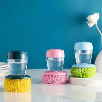 Щетка для посуды Кухонный шарик для чистки без царапин Тип пресса с короткой ручкой Герметичная щетка для мытья посуды Хорошая ручка Щетка для дозирования мыла синий