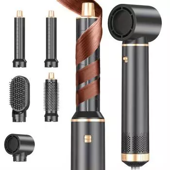 Щетка для укладки волос 5-в-1 с технологией термоукладки и отрицательных ионов - Фен, Завивка и Выпрямление Многофункциональный стайлер - Идеальный праздничный подарок чёрный