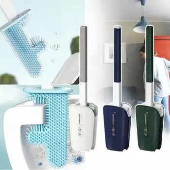 Щетка для унитаза кактуса без мертвых углов Силиконовая щетка для унитаза с длинной ручкой и держателем Щетка для чистки унитаза NoSlip F-образная форма для чистого туалета One Size синий