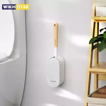 Щетка для унитаза с деревянной ручкой и держателем Изогнутая конструкция Угловая щетка для чистки туалета Настенная щетка для унитаза Аксессуары для ванной комнаты single Brush