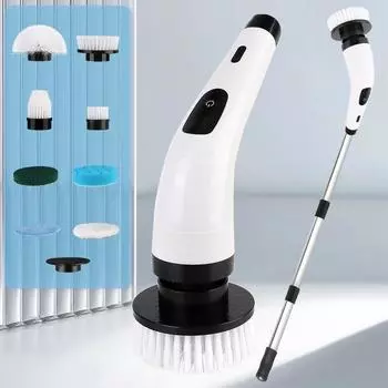 Щетка для ванны, электрическая щетка для чистки, 8 в 1, кухонный инструмент для чистки, щетки из щетины/губки/ткани, 320/370 об/мин, 2 передачи, портативная щетка для мытья ванной комнаты White