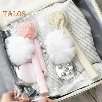 Щетка для ванны с длинной ручкой и 4 насадками, силиконовая пенящаяся массажная щетка для душа, съемная регулируемая длина щетки для тела бежевый