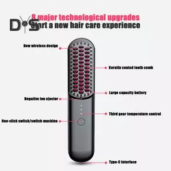 Щетка для выпрямления волос с 3 регулируемыми температурами, быстрый нагрев, аккумуляторная, беспроводная, с отрицательными ионами, горячая щетка, электрическая, пушистая, вьющаяся, для укладки волос, распутывания чёрный