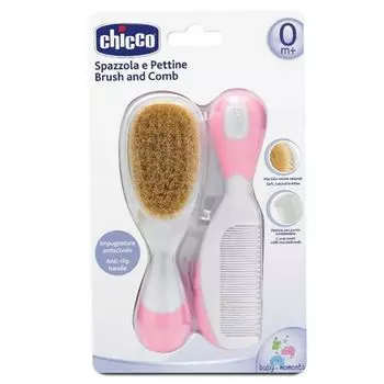 Щетка и расческа Chicco из натуральных волос розового цвета 0м+