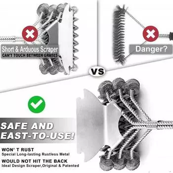 Щетка и скребок для гриля Щетка для чистки барбекю без щетины из нержавеющей стали для уличного гриля Эргономичная ручка Термостойкий широкий скребок 3-в-1 серебряный