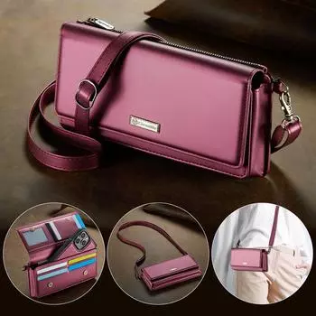 Щетка с защитой от кражи Многофункциональный кошелек на молнии из искусственной кожи для мобильного телефона с 2 веревками для iPhone Samsung Xiaomi Huawei Google Универсальный размер с отделениями для карт (4.0-6.7) inch зелёный