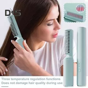 Щетка-выпрямитель для волос, 3 температуры, быстрый нагрев, аккумуляторная беспроводная отрицательные ионы, тип C, горячая щетка, электрическая расческа для вьющихся волос розовый