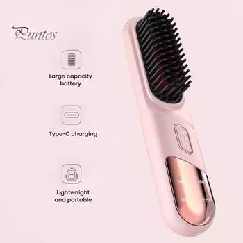 Щетка-выпрямитель для волос с 4 регулируемыми температурами, быстрым нагревом, тип C, перезаряжаемая, беспроводная, с отрицательными ионами, электрическая, для пушистых вьющихся волос чёрный