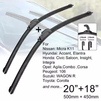 Щетки переднего стеклоочистителя автомобиля 20 + 18 J Hook U-типа, универсальный для Honda Hyundai Nissan Opel Peugeot Suzuki Toyota