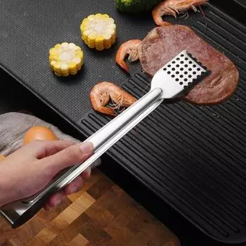 Щипцы для еды из нержавеющей стали, термостойкие, с длинной ручкой, многофункциональные, стейк, мясо, барбекю, шведский стол, зажим для сервировки хлеба, зажим с отверстием, кухонные принадлежности S