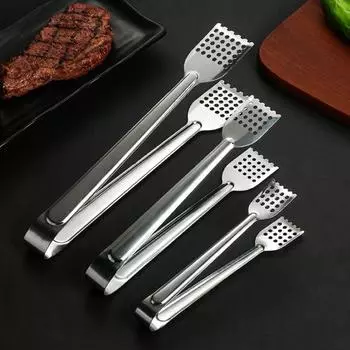 Щипцы для еды из нержавеющей стали, термостойкие, с длинной ручкой, многофункциональные, стейк, мясо, барбекю, шведский стол, зажим для сервировки хлеба, зажим с отверстием, кухонные принадлежности S