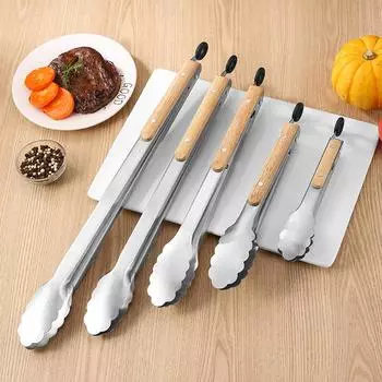 Щипцы для еды с деревянной ручкой, устойчивой к ожогам, из нержавеющей стали, зажим для сервировки салата, гриля для барбекю, кухонные принадлежности