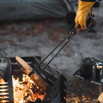 Щипцы для угля из углеродистой стали, кочерга для костра на открытом воздухе с кожаным чехлом, зажим для дров для костра, длинная ручка, устойчивая к ожогам, инструмент для барбекю