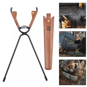 Щипцы для уличного камина с ручкой из искусственной кожи, углеродистая сталь, нержавеющая, жаропрочная, для кемпинга, костра, дрова, захват для бревен, зажим, инструмент чёрный