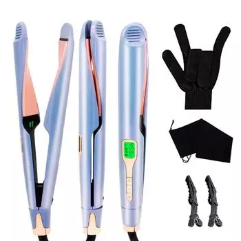 Щипцы для завивки и выпрямления волос 2 в 1 — щипцы для завивки с выпрямлением, керамическое покрытие и быстрый нагрев в течение 15 секунд, двойное напряжение для путешествий, перчатки в комплекте