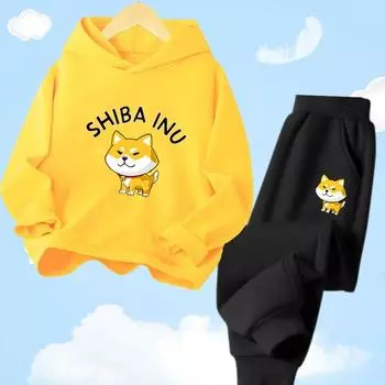 Шиба-ину, милый комплект с капюшоном с принтом собаки для детей, весенне-осенний спортивный костюм с длинными штанами, спортивная одежда, комплект свитшотов с капюшоном 100