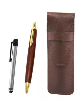Shibochoco color cowhide leather pen case with metal touch silver stick and brown wooden barrel retro ballpoint pen set 2-pack SASTYO-ALST-HS48S-2