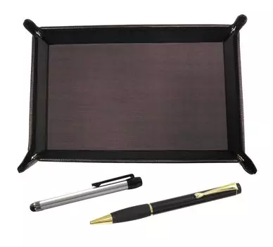 Shibochoco Color Cowhide Leather Pen Tray with Metal Touch Silver and Midnight Rubber Rotating Ballpoint Pen Black Set, (TRATYO-ALST-T102BP-B)