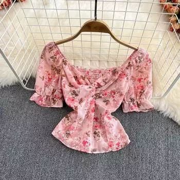 Шифон с v-образным вырезом и изогнутым цветочным принтом, лето 2022, новый топ с закрытой талией и открытой ключицей в иностранном стиле, короткий топ с открытым пупком