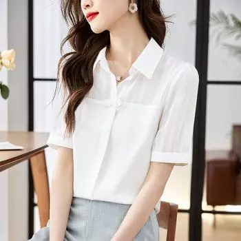 Шифоновая белая рубашка, женская летняя тонкая рубашка с короткими рукавами, новинка 2023, модный стильный топ, профессиональная темпераментная белая рубашка S белый