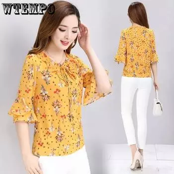 Шифоновая блузка большого размера с рюшами и средними рукавами, женская летняя шифоновая рубашка с короткими рукавами, свободный топ большого размера на шнуровке с цветочным принтом M белый