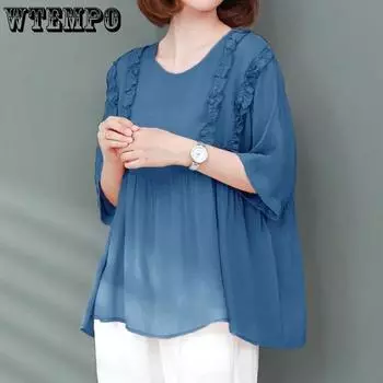 Шифоновая блузка большого размера, женская верхняя летняя рубашка, закрывающая живот S синий