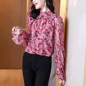 Шифоновая блузка с цветочным принтом для женщин, рубашка с длинными рукавами и деревянным краем, новая модная шикарная милая рубашка-топ M розовый