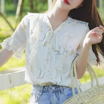 Шифоновая блузка с цветочным принтом, V-образным вырезом и элегантной оборкой для женщин летом M