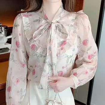 Шифоновая блузка с длинными рукавами и оборками и воротником-бабочкой, женские топы J193 S