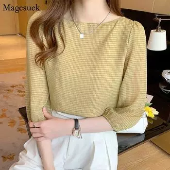 Шифоновая блузка с коротким рукавом, женская летняя шикарная клетчатая блузка с рукавами-фонариками, свободная модная блузка с разрезом на шее, женская одежда 15214 S имбирный