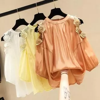 Шифоновая блузка с круглым вырезом и половиной рукава с цветочным декором, однотонная футболка с открытыми плечами, женская одежда
