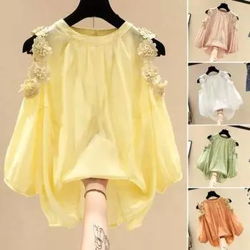 Шифоновая блузка с круглым вырезом и половиной рукава с цветочным декором, однотонная, с открытыми плечами L жёлтый